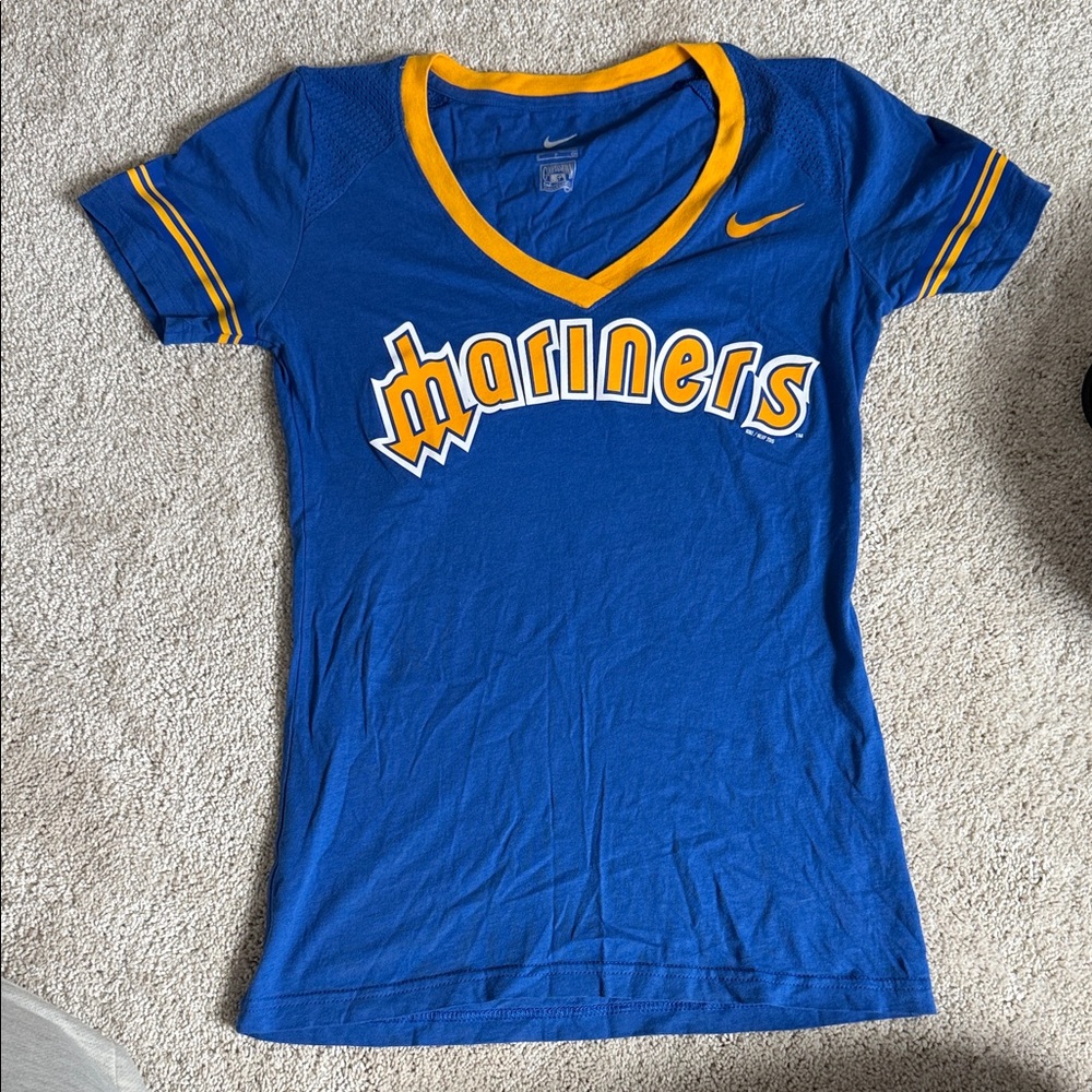 Nike Blue and Yellow Mariners V-Neck Tee- small worn once